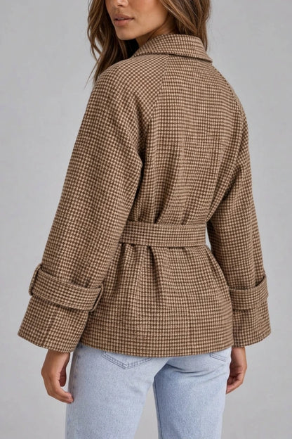Women’s Short Trench Coat – Double Breasted Belted Jacket with Check Pattern — variant_front