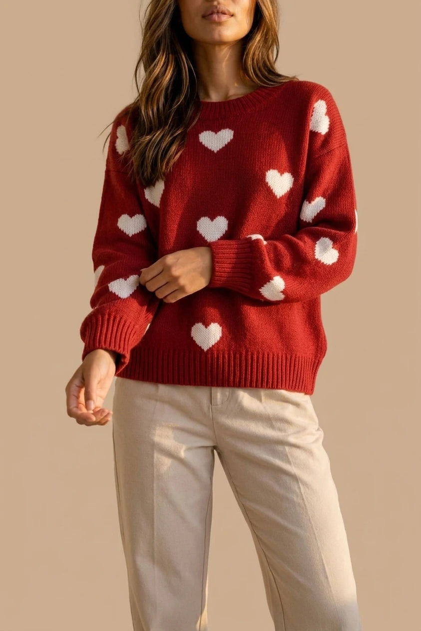 Women’s Heart Print Knitted Jumper – Crew Neck Sweater — variant_front