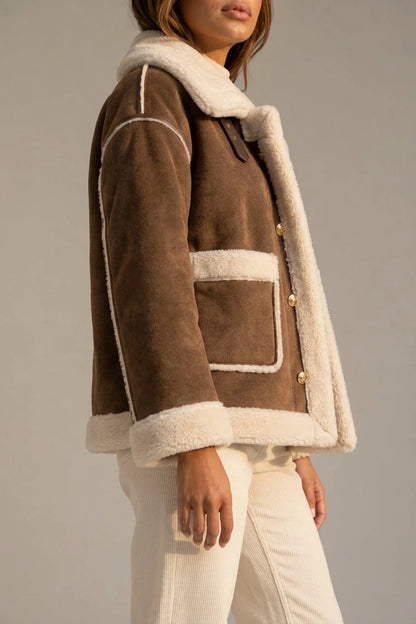 Women’s Faux Shearling Suede Look Jacket – Aviator Style Coat — variant_front