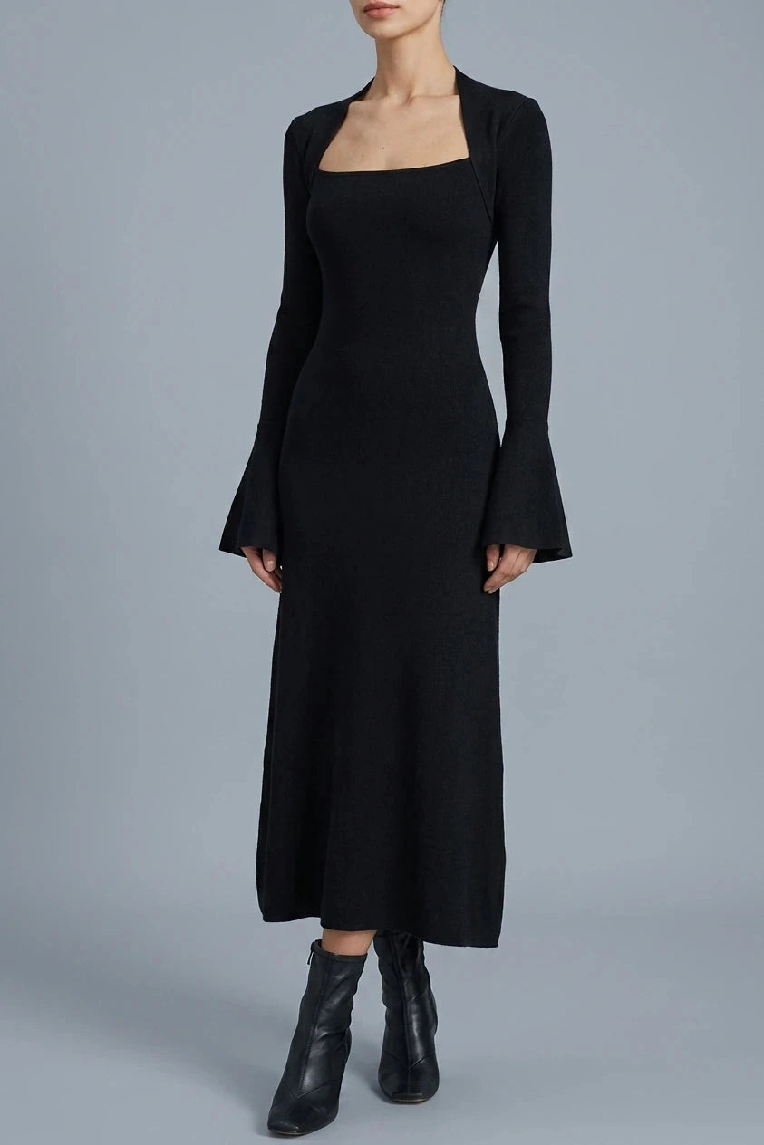 Square Neck Flare Sleeve Midi Dress With Fitted Bodice