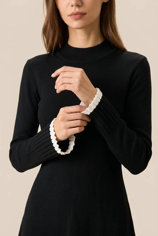 Contrast Trim Knit Mini Dress With Mock Neck And Ribbed Cuffs