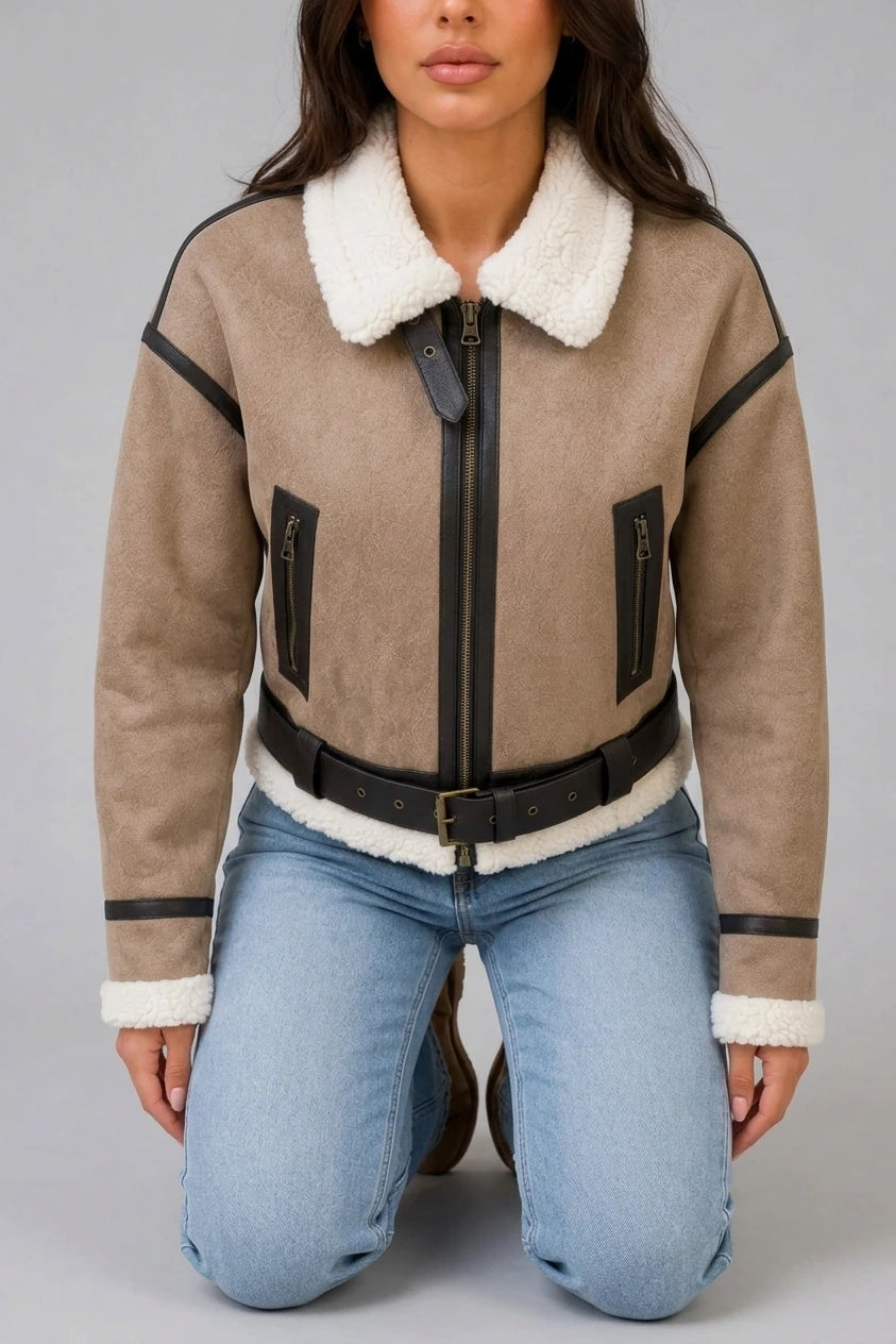 Women's Suede Look Cropped Aviator Jacket – Teddy Lined Biker Coat — variant_front