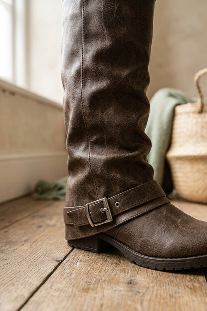 Brown Knee High Slouch Boots Buckle — variant_front