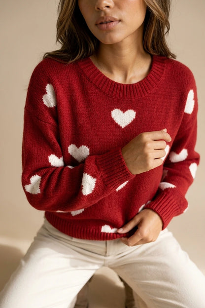 Women’s Heart Print Knitted Jumper – Crew Neck Sweater — variant_front