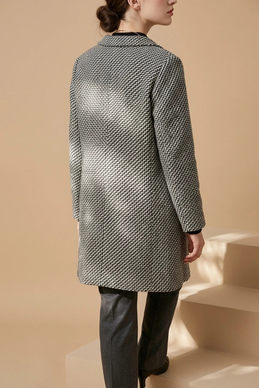 Grey Classic Houndstooth Wool Coat with Printed Lining — variant_front