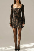 See Through Bell Sleeve Mini Dress With Square Neck And Floral Lace