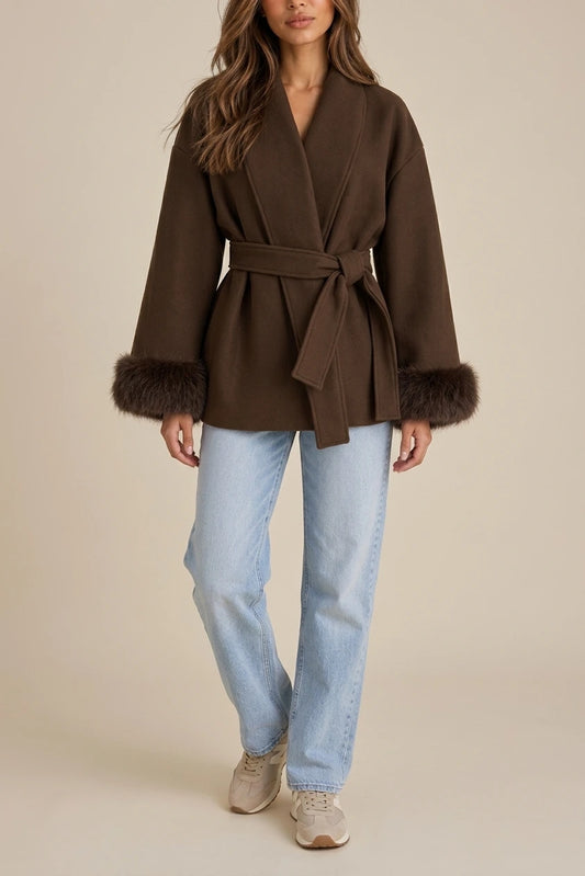 Women’s Belted Wrap Coat – Faux Fur Cuff Short Jacket — variant_front