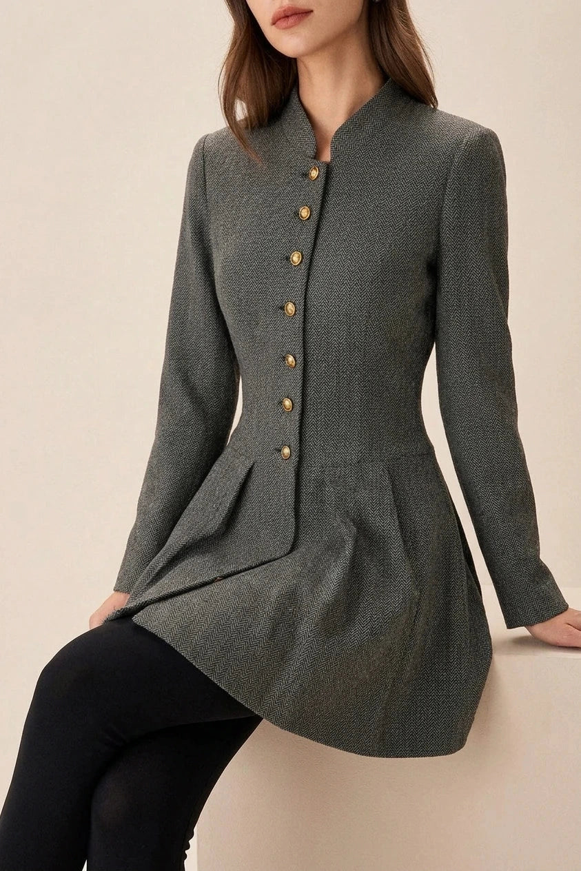 Grey Button Pleated Mini Dress Long Sleeve Fitted Waist Mandarin Collar