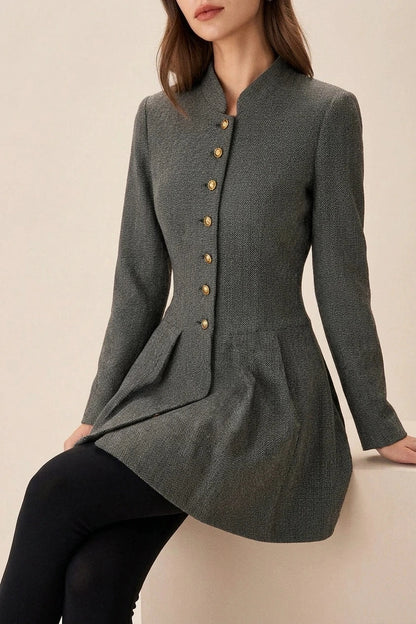 Grey Button Pleated Mini Dress Long Sleeve Fitted Waist Mandarin Collar