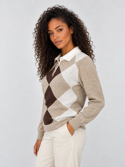 Women’s Argyle Collared Jumper – Button Neck Long Sleeve Knit Sweater — gallery_03.webp