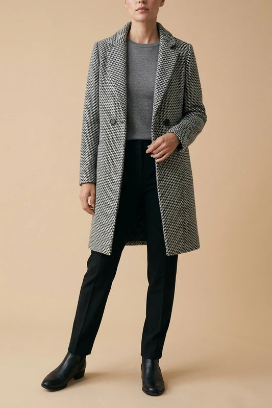 Grey Classic Houndstooth Wool Coat with Printed Lining — variant_front