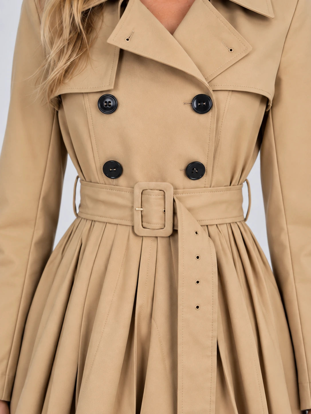 Women’s Pleated Skirt Trench Coat – Double Breasted Belted Jacket — gallery_04.webp