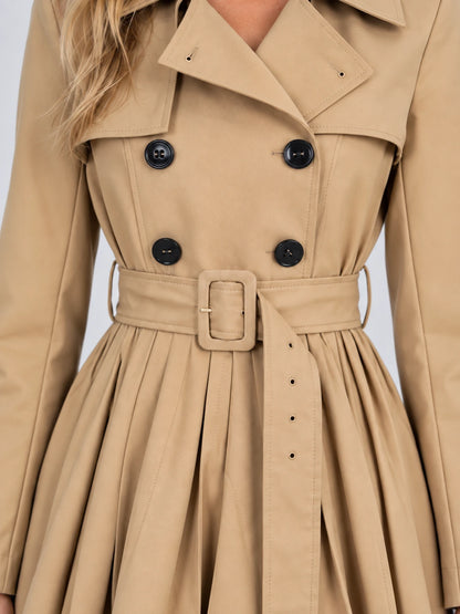 Women’s Pleated Skirt Trench Coat – Double Breasted Belted Jacket — gallery_04.webp