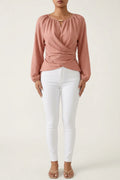 Round Neck Long Sleeves Criss-Cross Lace-Up Blouse, Wrap