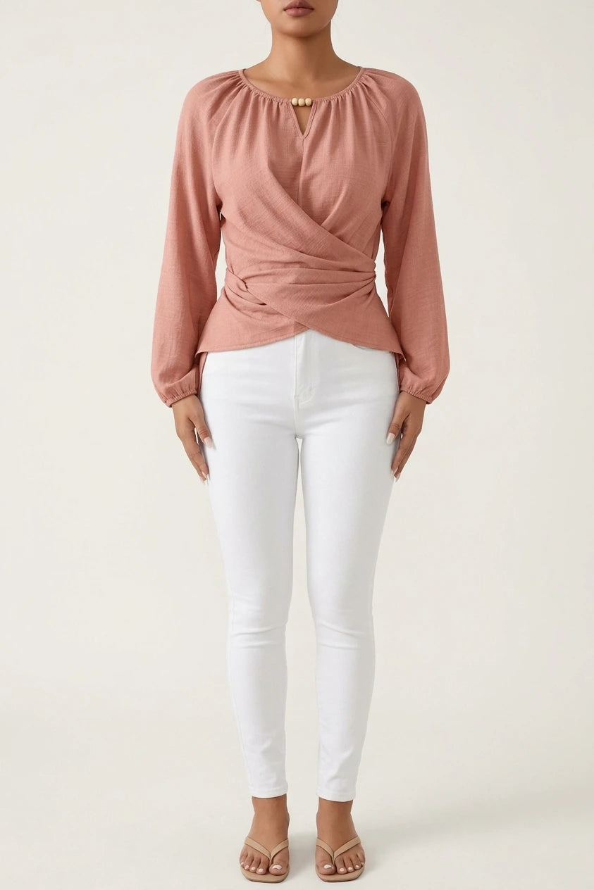 Round Neck Long Sleeves Criss Cross Lace-Up Blouse — variant_front