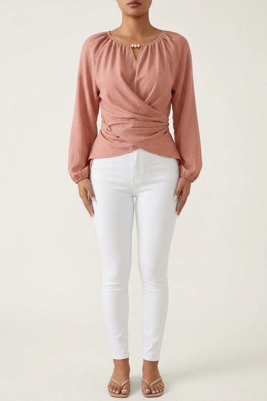 Round Neck Long Sleeves Criss Cross Lace-Up Blouse — variant_front