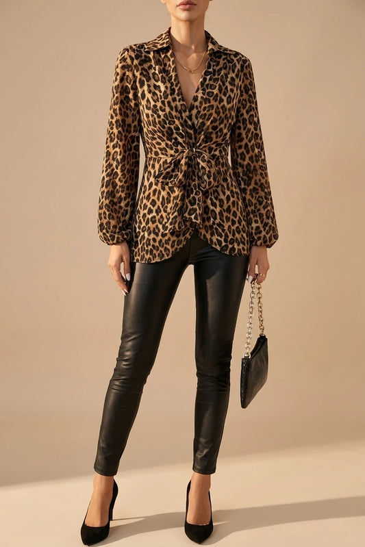 Leopard Print Wrap Blouse with Tie Waist Office to Evening Long Sleeves Top — variant_front