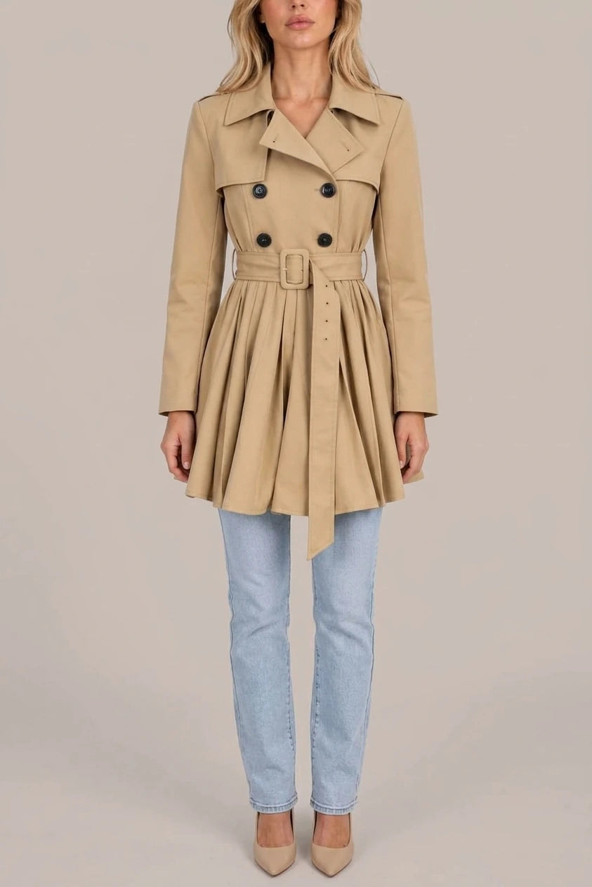 Women’s Pleated Skirt Trench Coat – Double Breasted Belted Jacket — variant_front