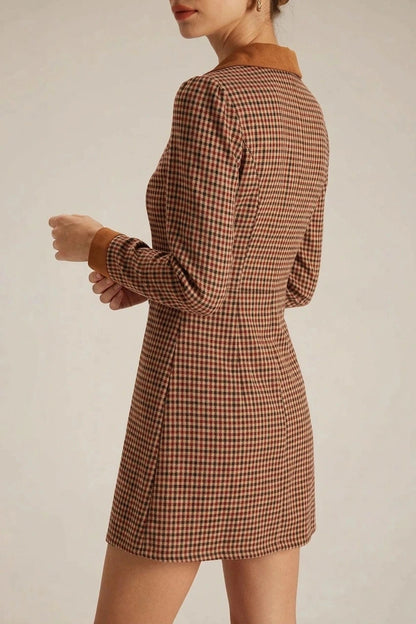 Plaid Spliced Suede Mini Dress With Contrast Collar, Long Sleeves And Button Front