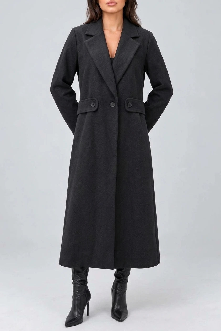 Women’s Longline Tailored Coat – Notched Lapel Button Detail Jacket — variant_front