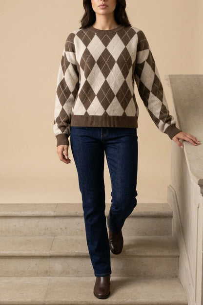 Women’s Argyle Knit Jumper – Crew Neck Long Sleeve Diamond Pattern Sweater — variant_front