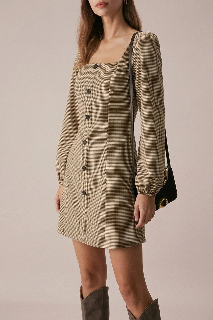 Square Neck Plaid Button Mini Dress With Long Puff Sleeves