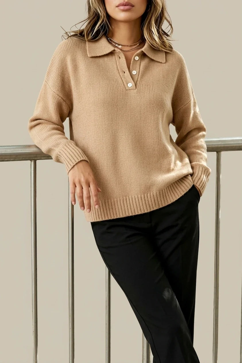 [ASD1] Women'S Elegant Casual Cute Sexy Lapel Solid Color Polo Neck Button Soft Warm Long Sleeve Sweater Pullover Basic Style Sweater — variant_front