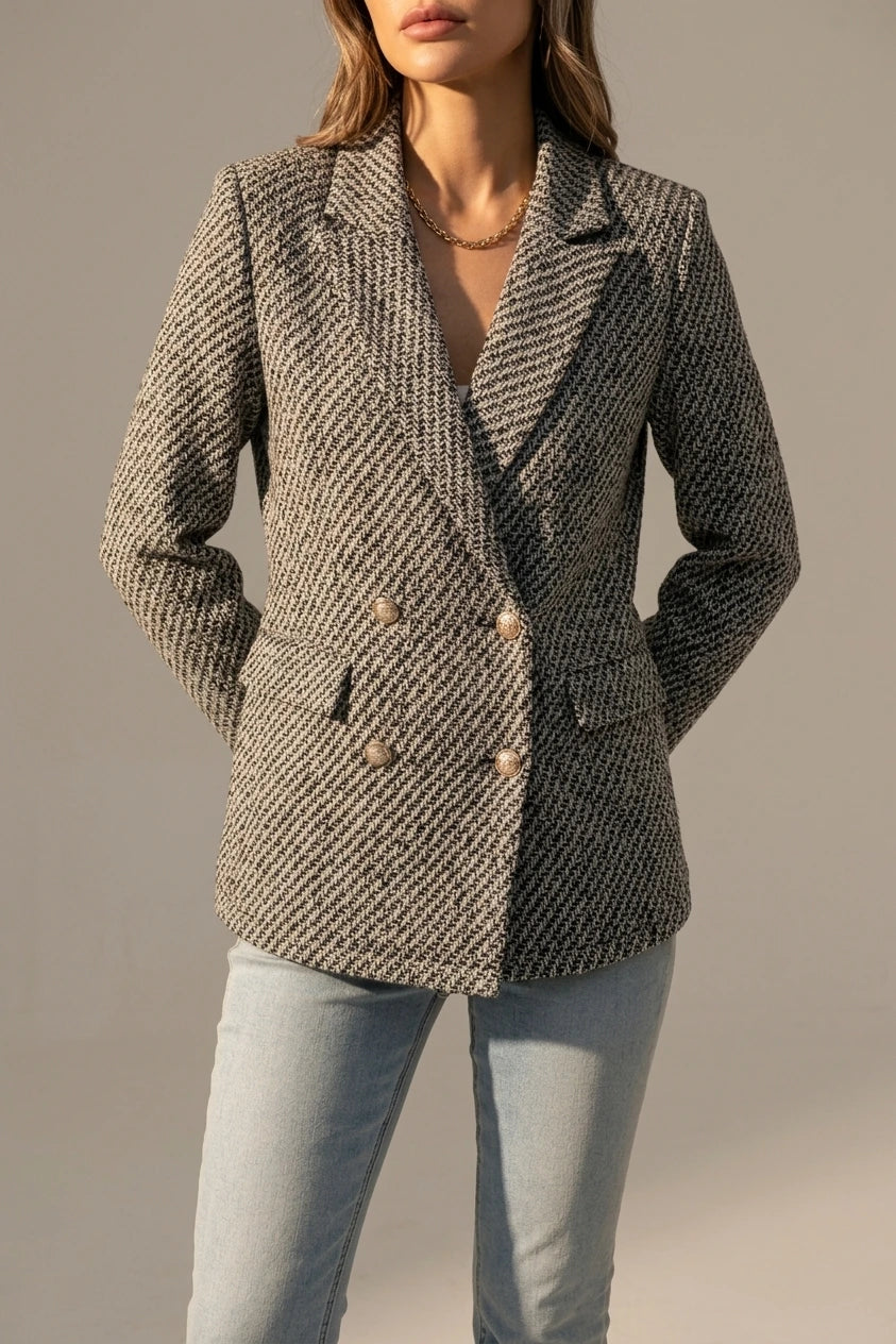 Classic Tailored Tweed Notched Lapel Double Breasted Work Blazer — variant_front