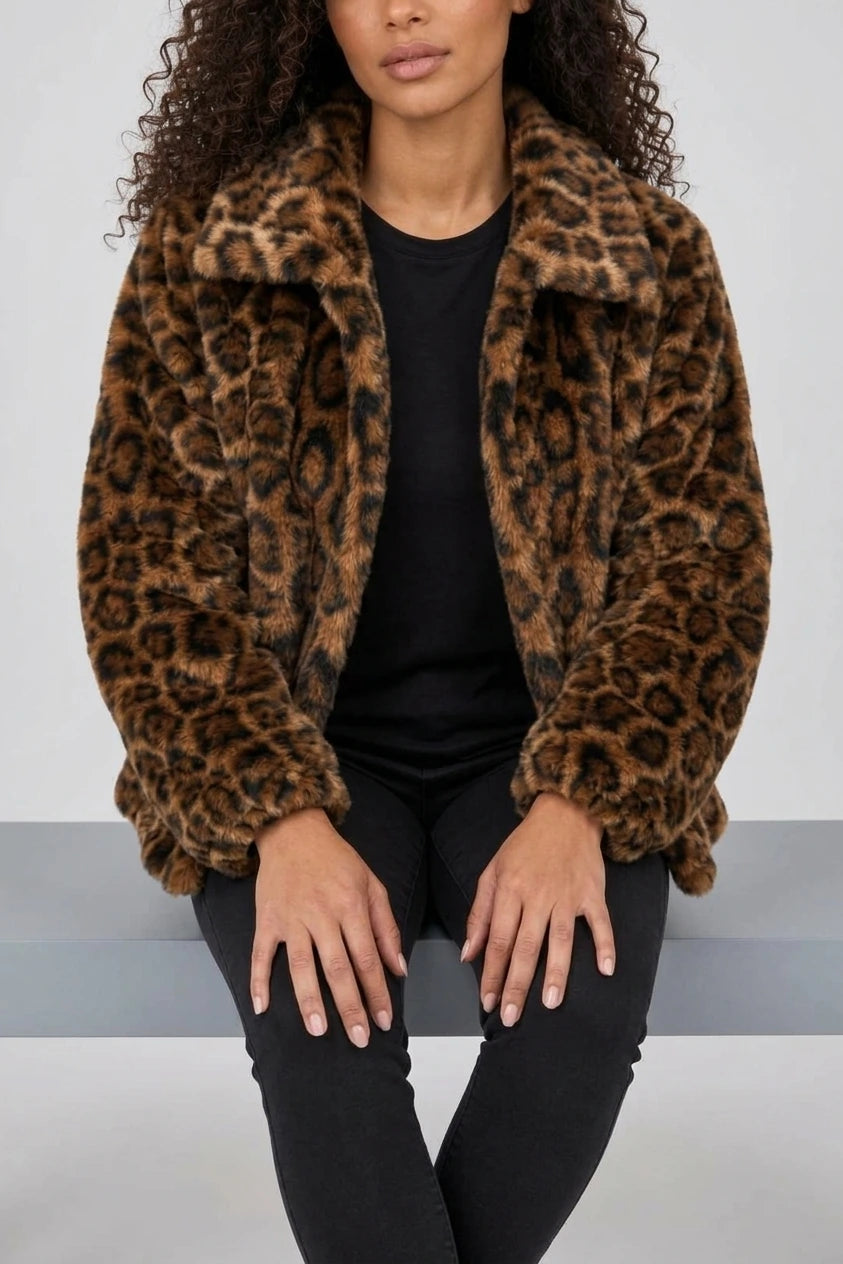 Women’s Leopard Print Faux Fur Jacket – Soft Plush Winter Coat — variant_front