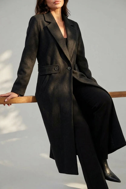 Women’s Longline Tailored Coat – Notched Lapel Button Detail Jacket — variant_front