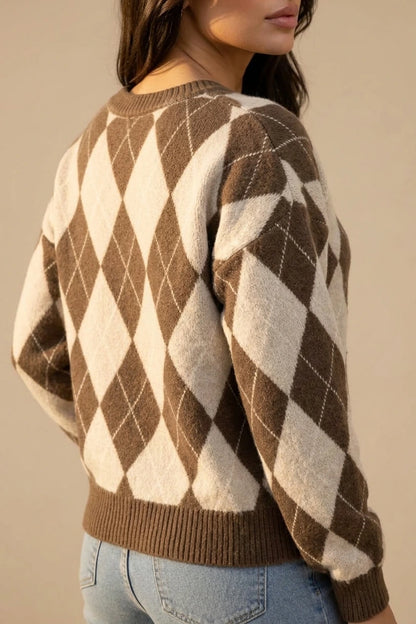 Women’s Argyle Knit Jumper – Crew Neck Long Sleeve Diamond Pattern Sweater — variant_front