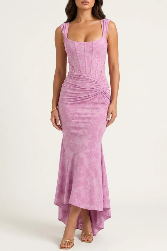 Women’s Floral Corset Maxi Dress with Asymmetrical Hem – Sculpted Silhouette — variant_front