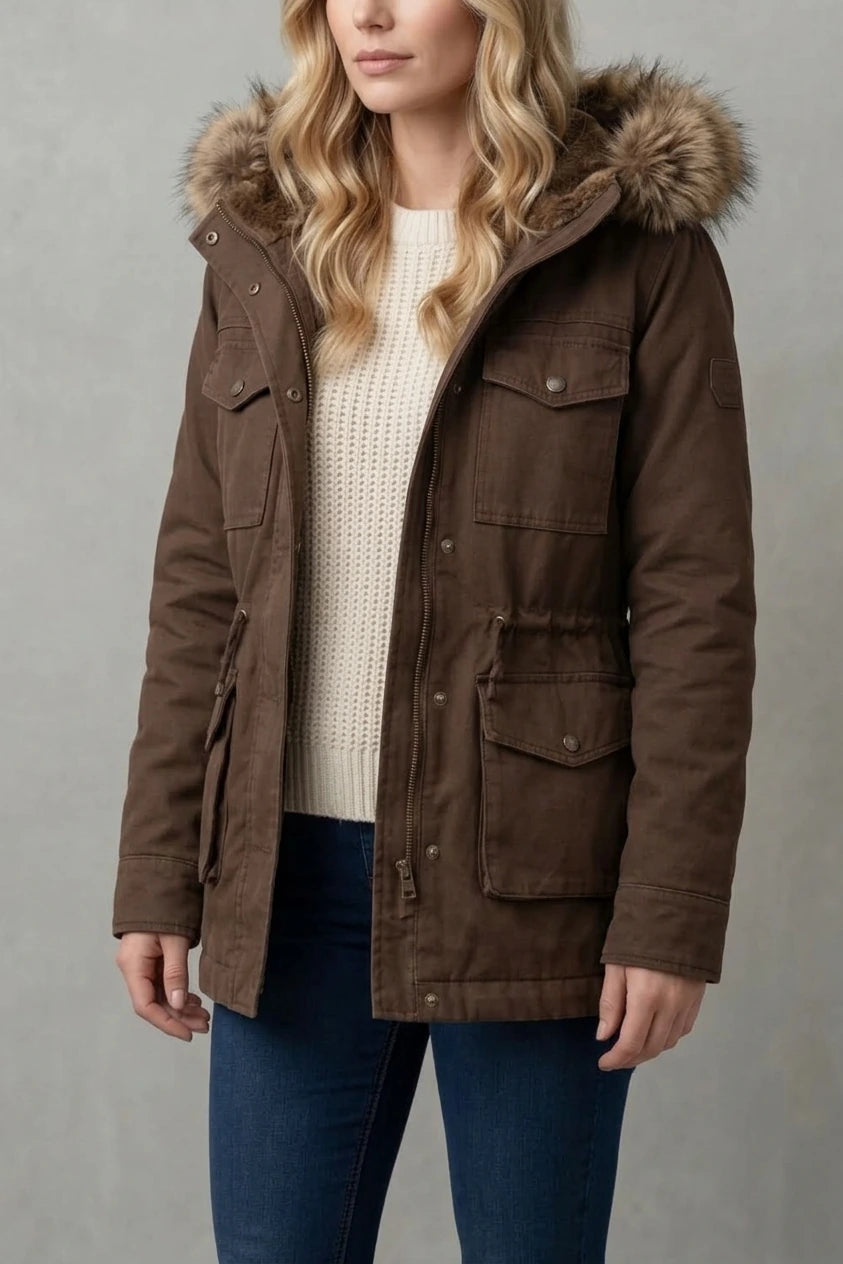 Brown Hooded Parka with Fur Trim Hood and Flap Pockets — variant_front