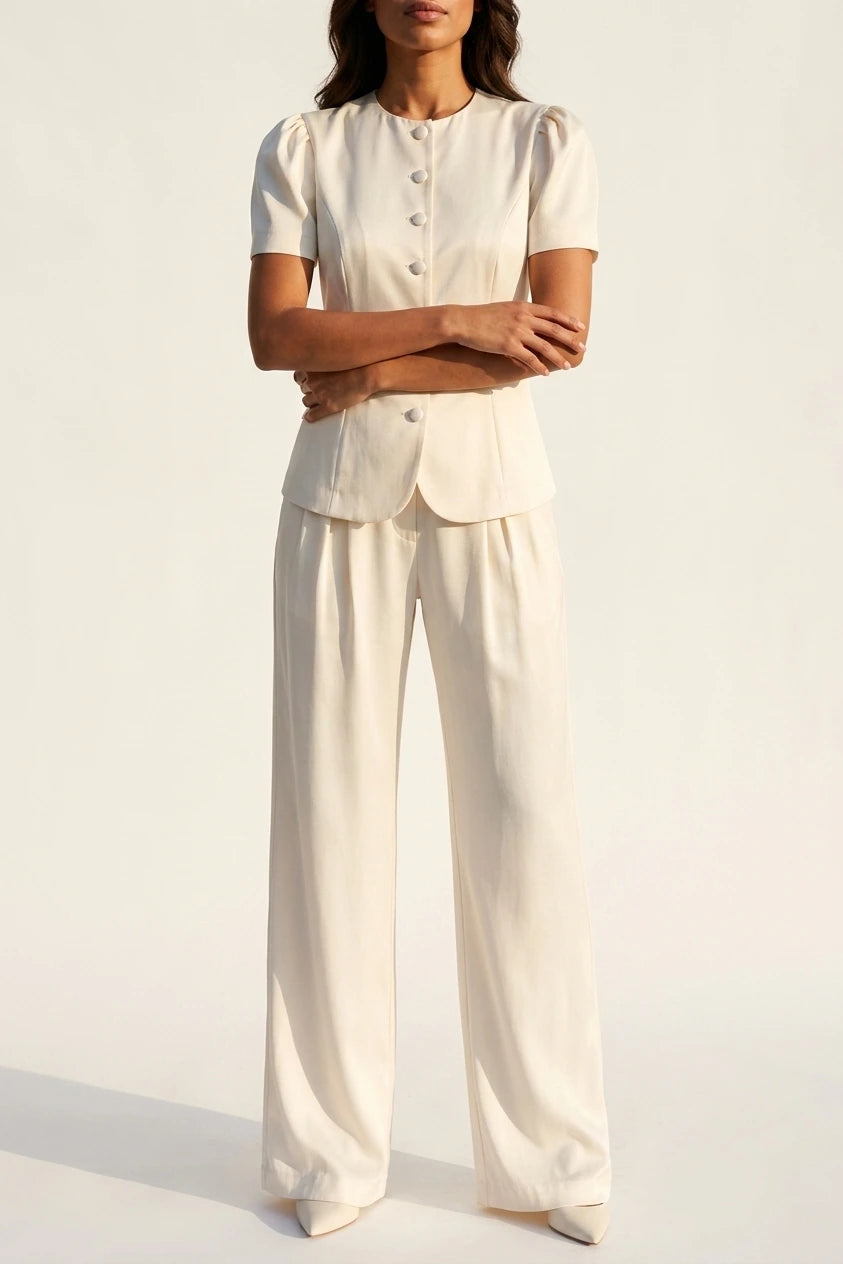 Women’s Tailored Two-Piece Trouser Suit – Short Sleeve Blazer & Wide Leg Trousers Set — variant_front