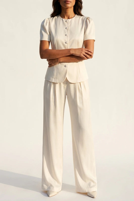 Women’s Tailored Two-Piece Trouser Suit – Short Sleeve Blazer & Wide Leg Trousers Set — variant_front