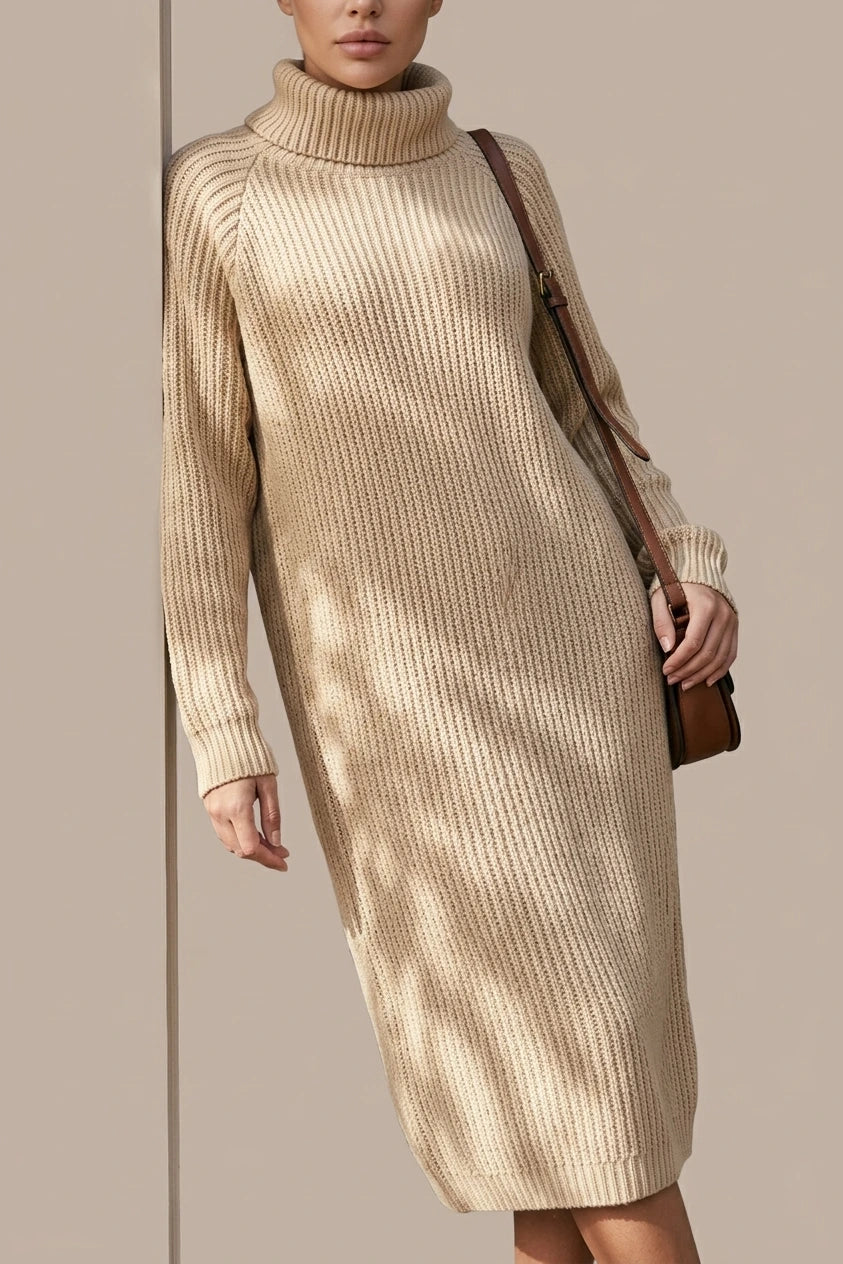 Women's Ribbed Turtleneck Midi Dress with Long Sleeves — variant_front