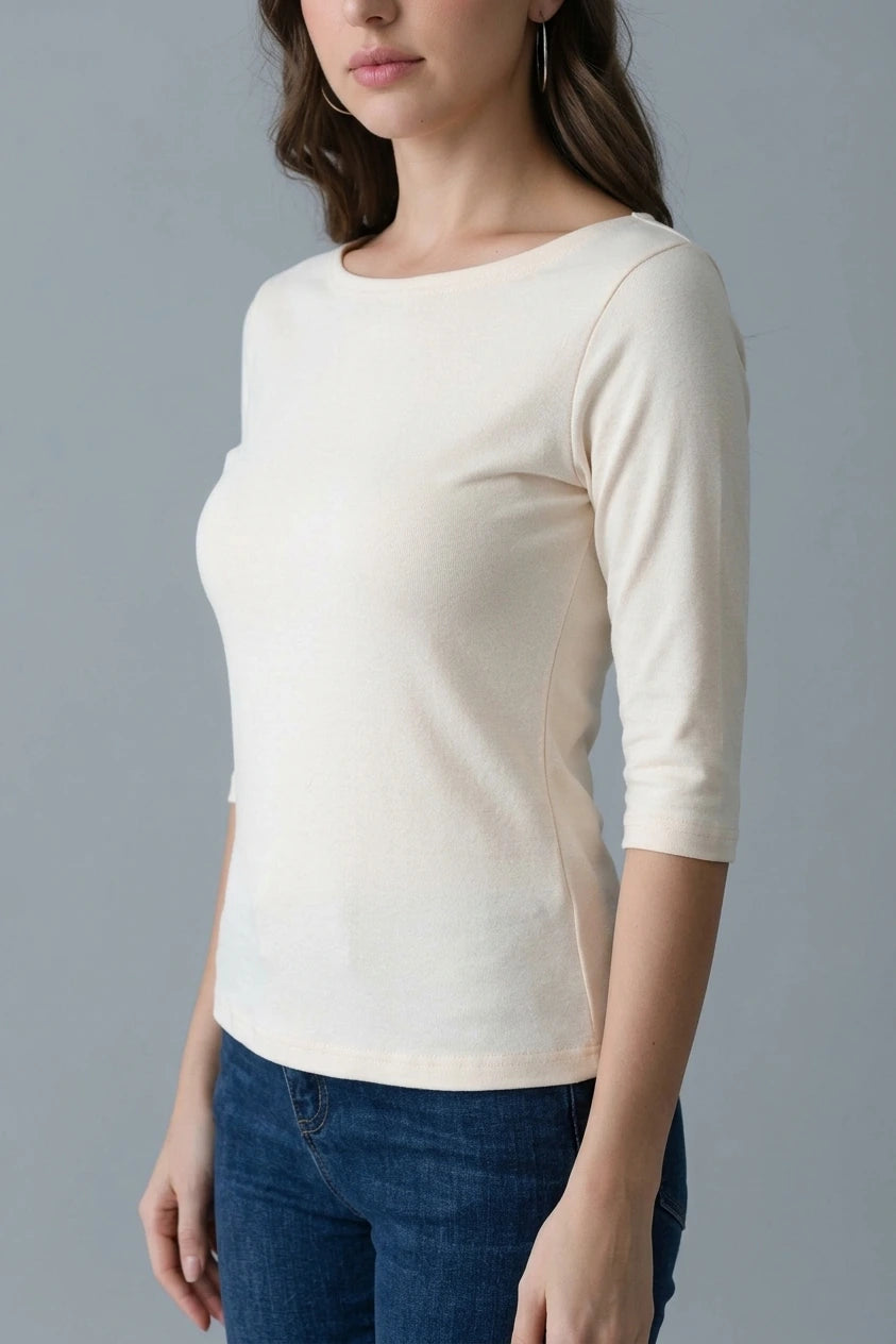Casual Boat Neck 3/4 Sleeve T-shirt, Fitted Everyday Top — variant_front