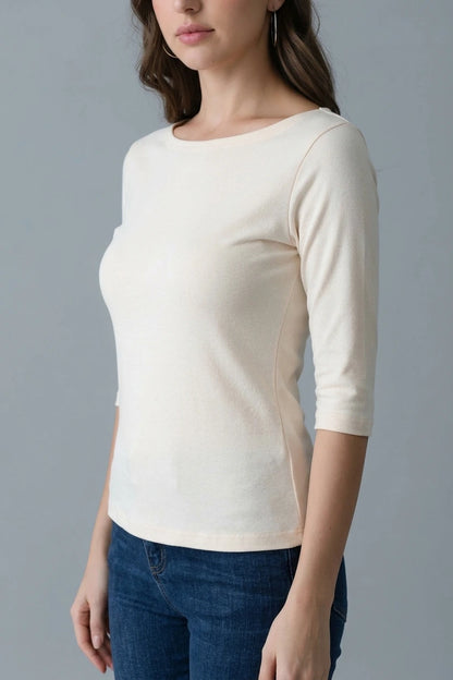 Casual Boat Neck 3/4 Sleeve T-shirt, Fitted Everyday Top — variant_front