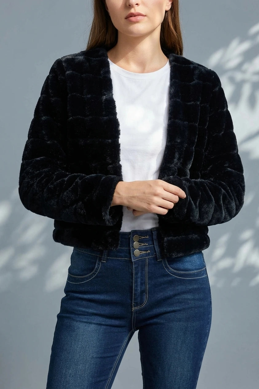 Winter Warm Cropped Collarless Faux Fur Fluffy Jacket — variant_front