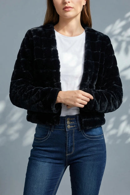 Winter Warm Cropped Collarless Faux Fur Fluffy Jacket — variant_front