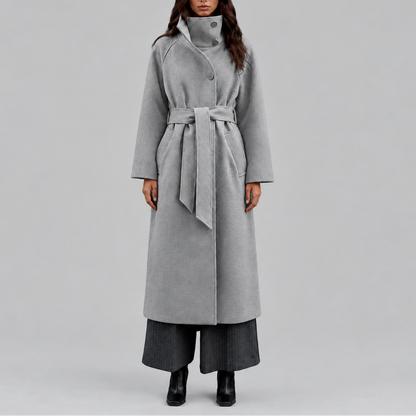 Women's Long Coat | Belted Winter Wrap Coat with Wide Collar — variant_front