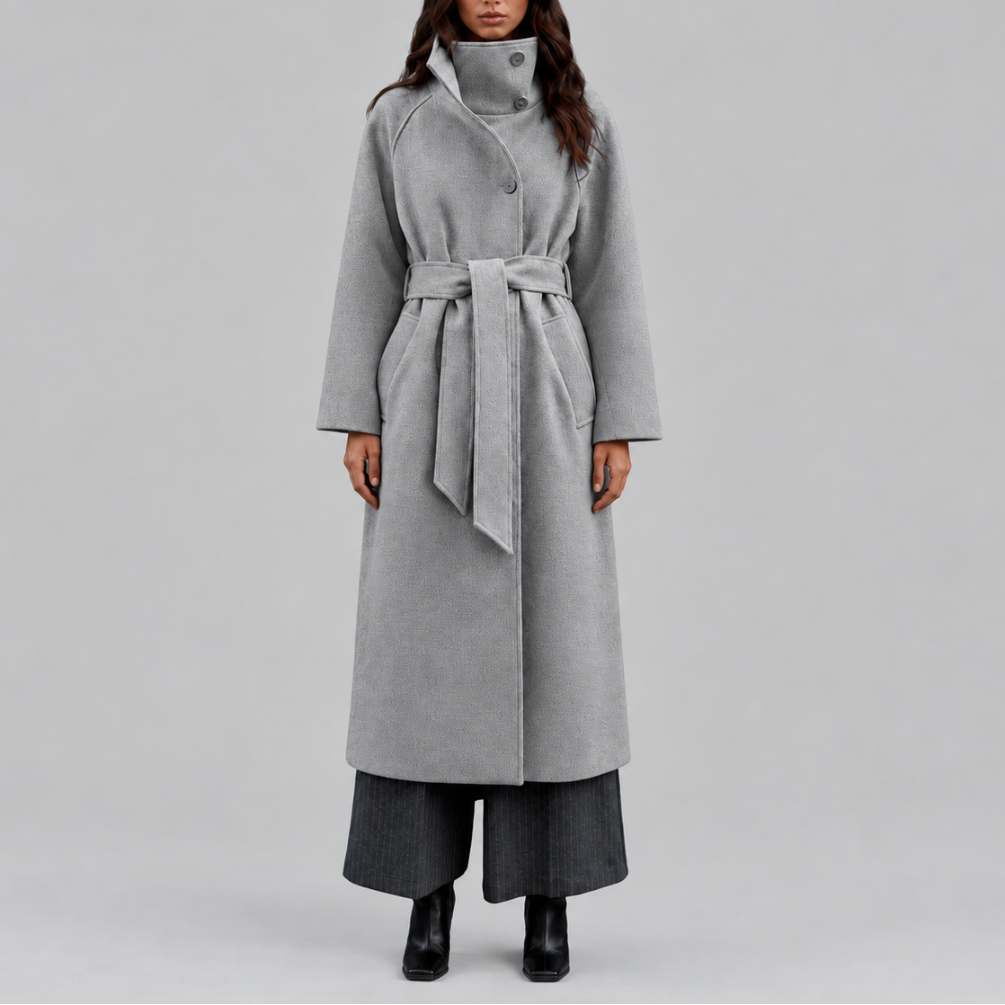 Belted Wrap Coat with Wide Collar, Longline Fit — variant_front