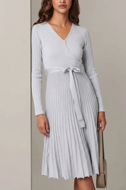 Pleated Tie Waist Knit Midi Dress — variant_front