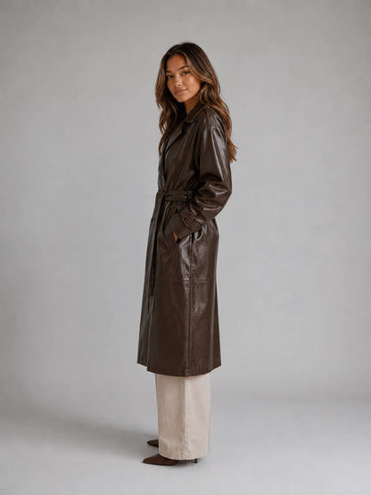 Women’s Leather Look Trench Coat – Long Double Breasted Belted Jacket — gallery_03.webp