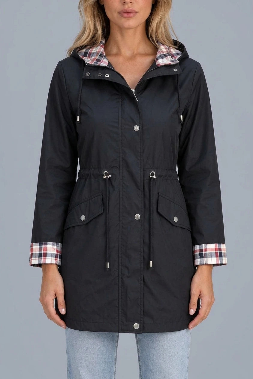Women’s Longline Hooded Raincoat – Zip Up Parka with Adjustable Drawstring Waist — variant_front