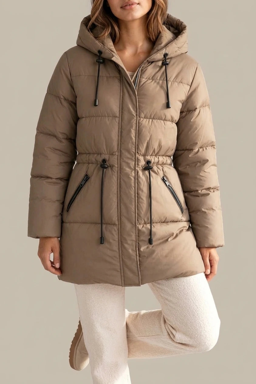 Women’s Hooded Puffer Jacket – Drawstring Waist Quilted Winter Coat — variant_front