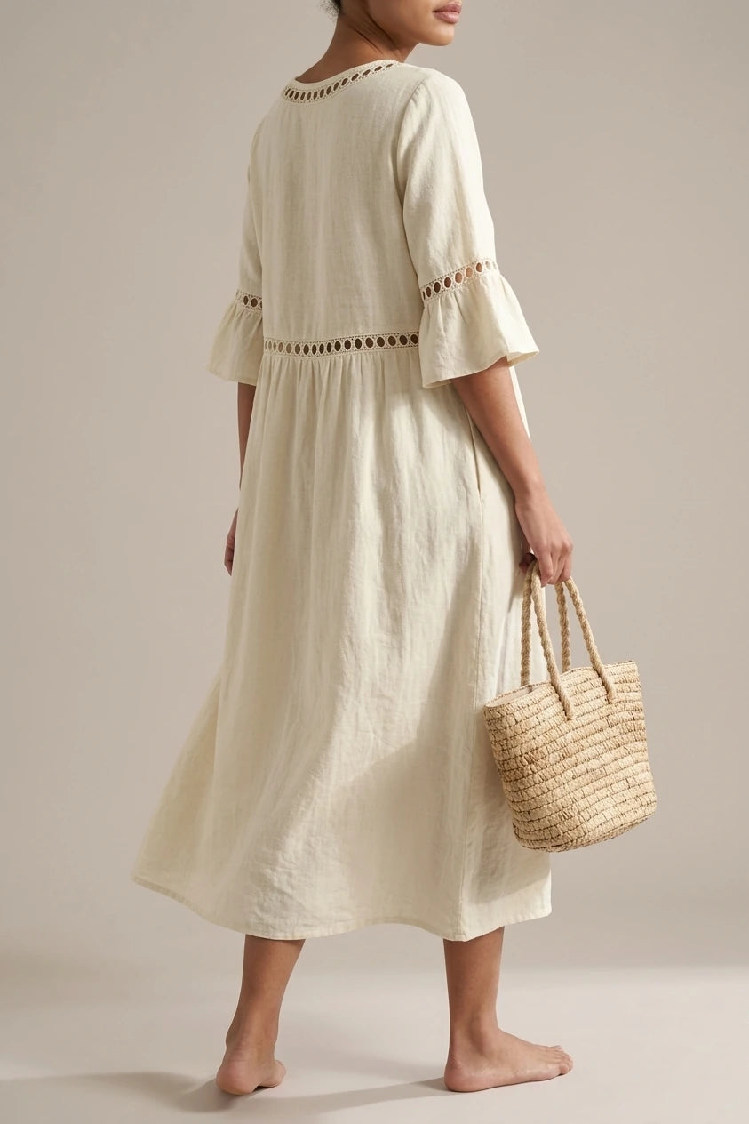 Relaxed Linen Summer Midi Dress with Hollow Out Detail and Flared Sleeves — variant_front