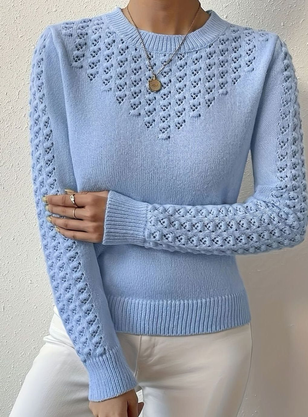Soft Knit Sweater with Open Knit Detail, Round-Neck Jumper — variant_front