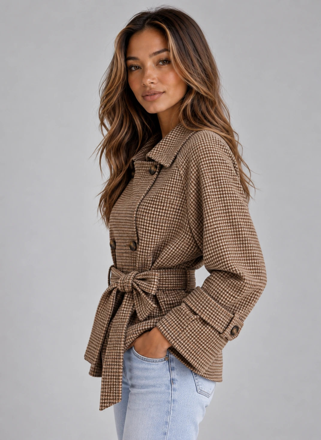 Women’s Short Trench Coat – Double Breasted Belted Jacket with Check Pattern — gallery_03.webp