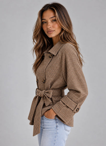 Women’s Short Trench Coat – Double Breasted Belted Jacket with Check Pattern — gallery_03.webp